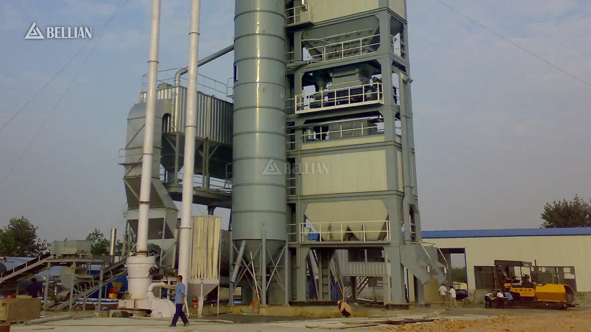 Side view of complete tower-type limestone powder processing plant in Saudi Arabia, finished powder silo and supporting workshop