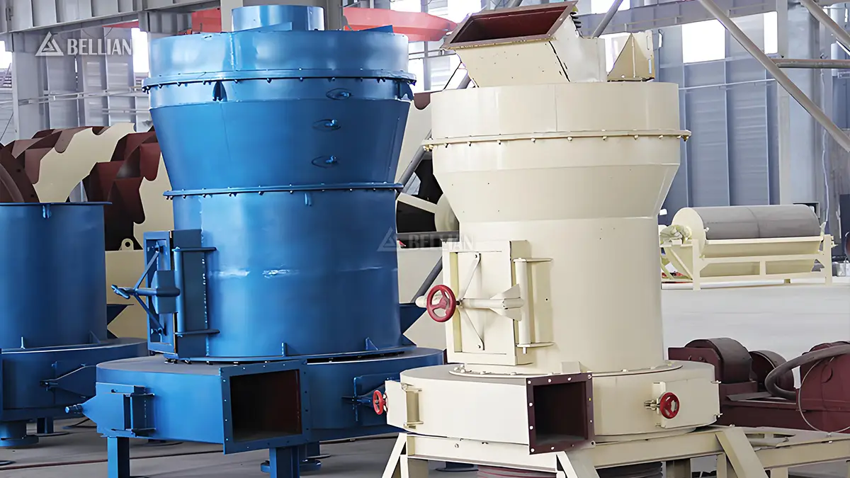 Blue and beige 5R4121 raymond mill main units finished in factory workshop, prepared for shipment to Australia project