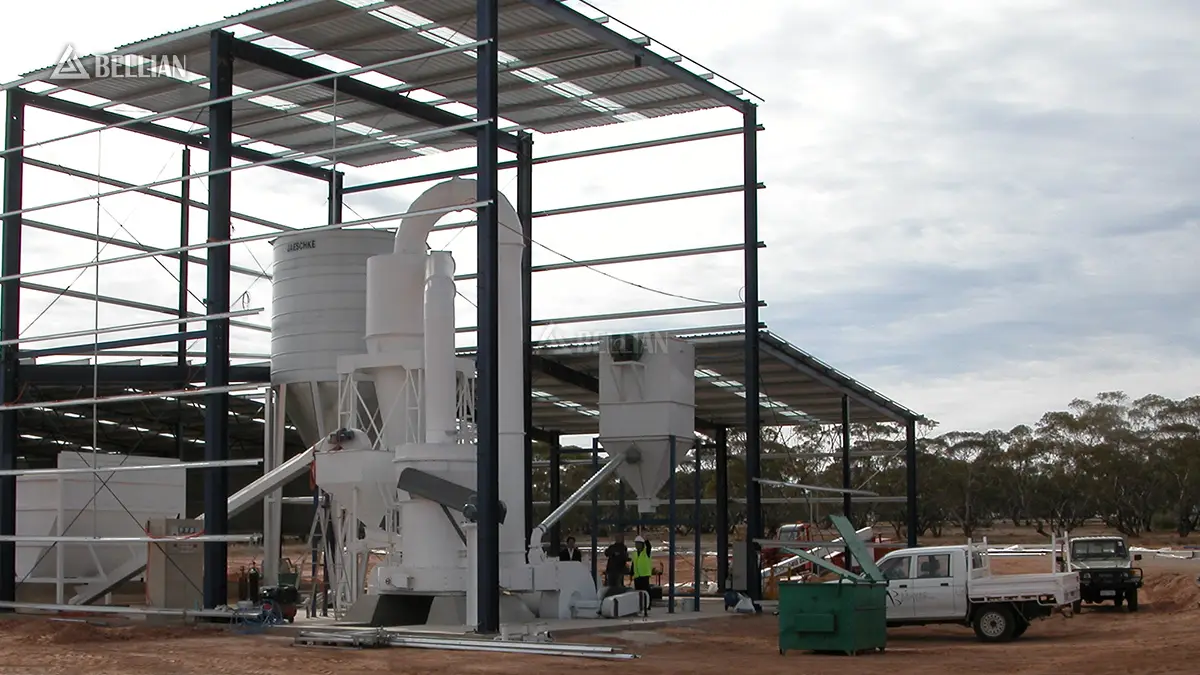 Wide panoramic view of complete 5R4121 raymond mill open-air limestone grinding plant at South Australia mining site