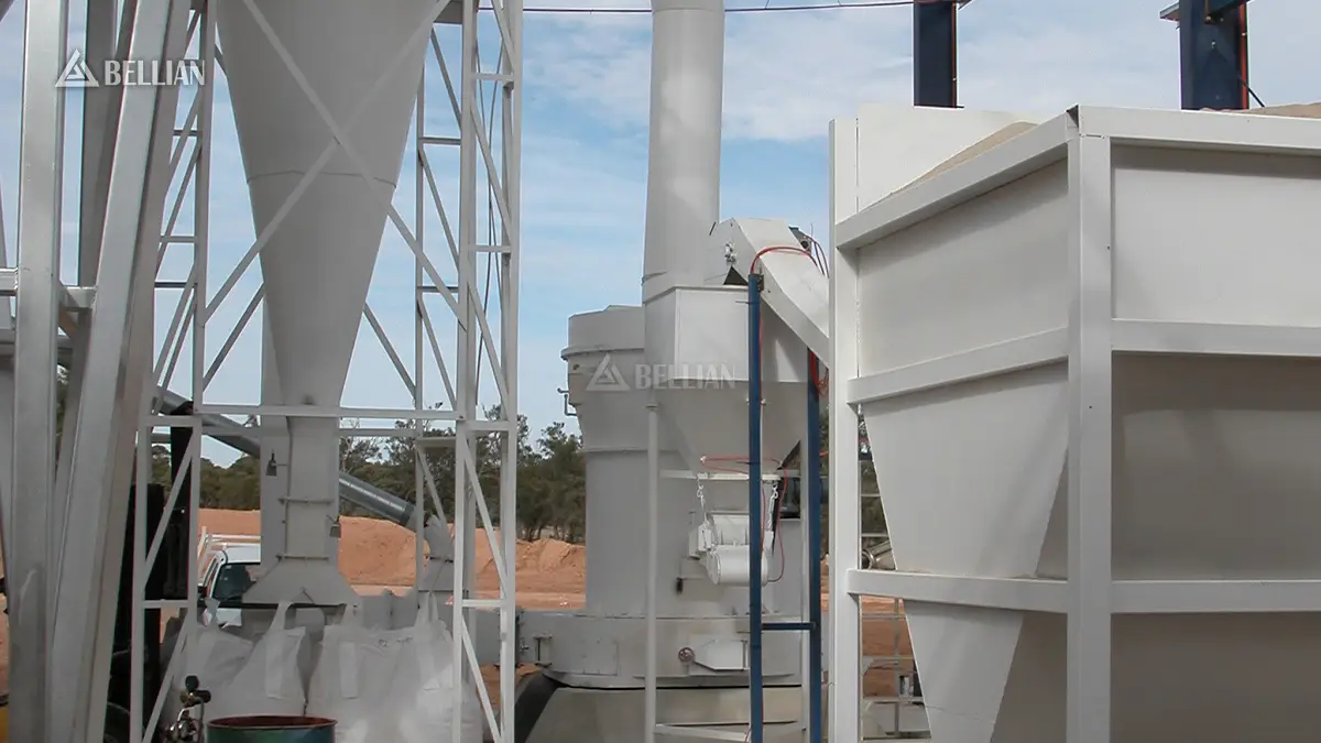 Close-up detail of 5R4121 raymond mill host, cyclone separator and finished powder bagging area at Australia mining site