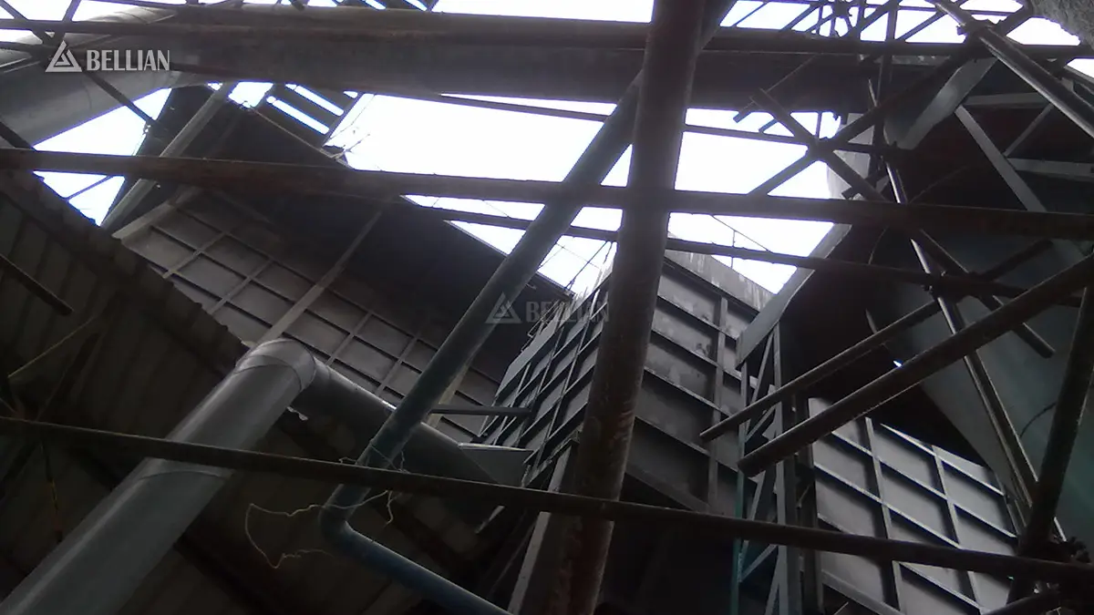 Cross-layer ventilation pipeline and steel frame layout inside Indonesia limestone powder production workshop