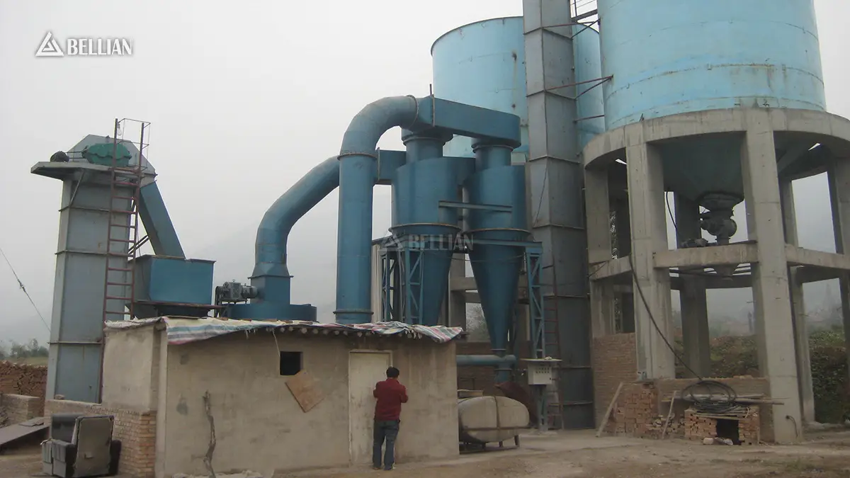 Front panoramic view of talc grinding mill, dust removal system and finished silos at Nigeria factory site