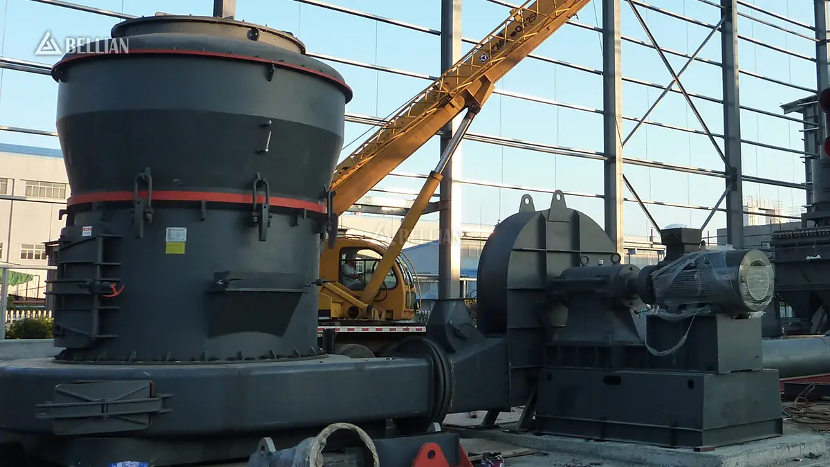 Close shot of MTW European trapezium mill main machine body with thickened wear-resistant roller assembly at Ghana project site