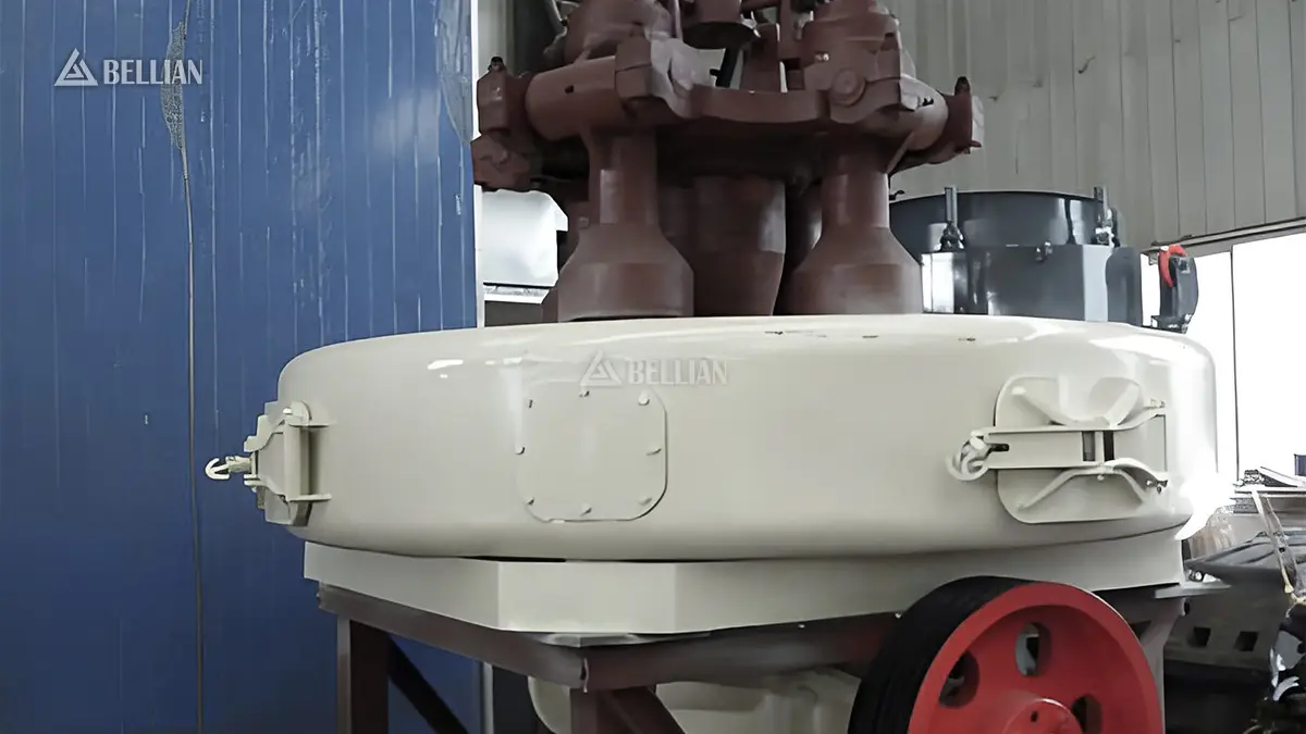 Internal 4 sets grinding roller assembly and bottom base partial shot of single MTW138 European trapezium mill inside assembly workshop