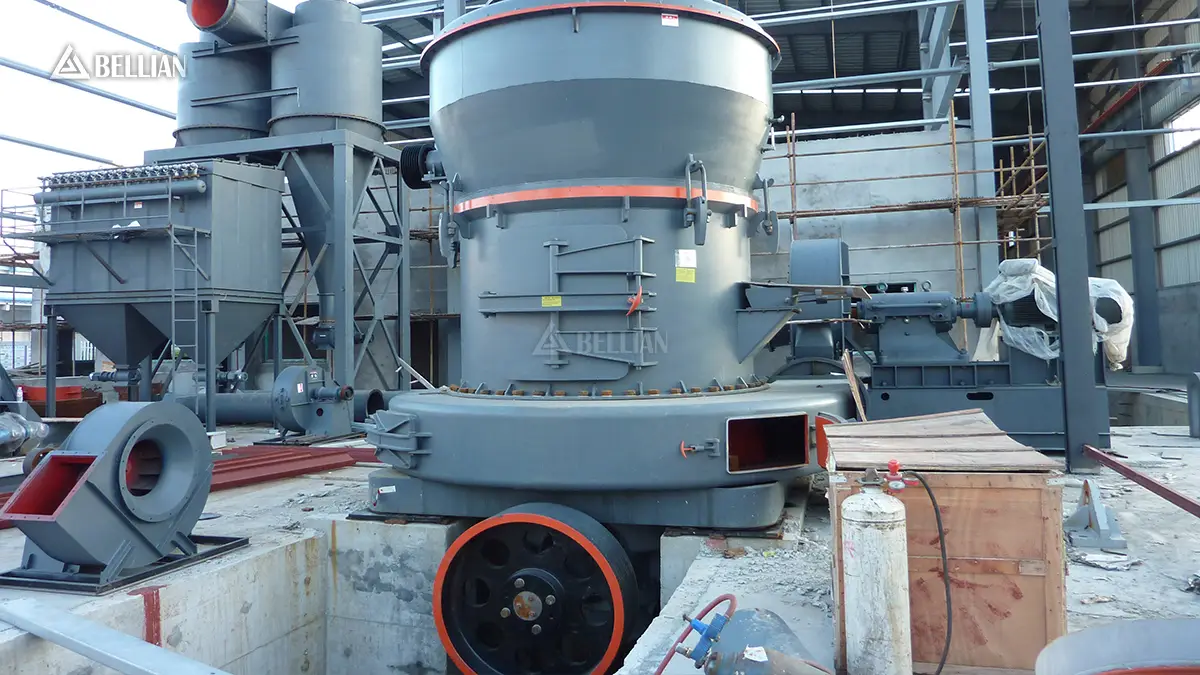 Front full view of heavy-duty MTW European trapezium mill main body with maintenance access door on Ghana project site
