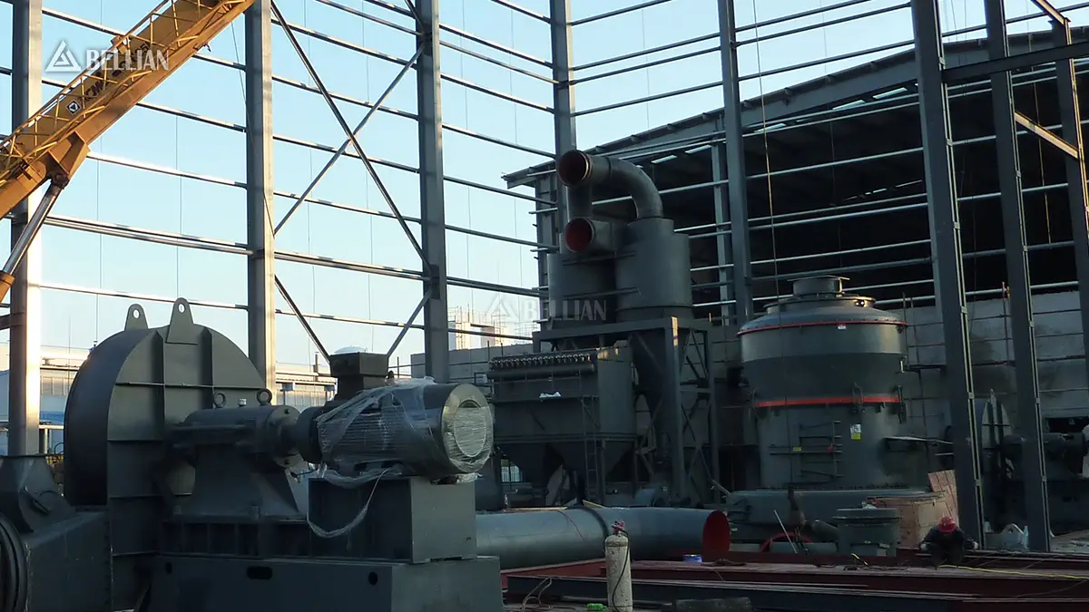 Whole supporting system layout including classifier, dust collector and air duct of MTW European trapezium mill in Ghana feldspar plant