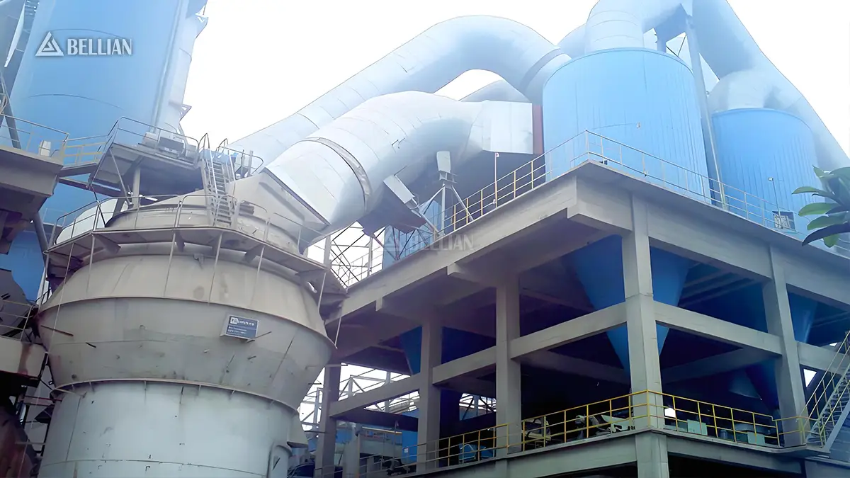 Side panorama of vertical roller mill and overhead ventilation pipeline layout in Brazil limestone plant
