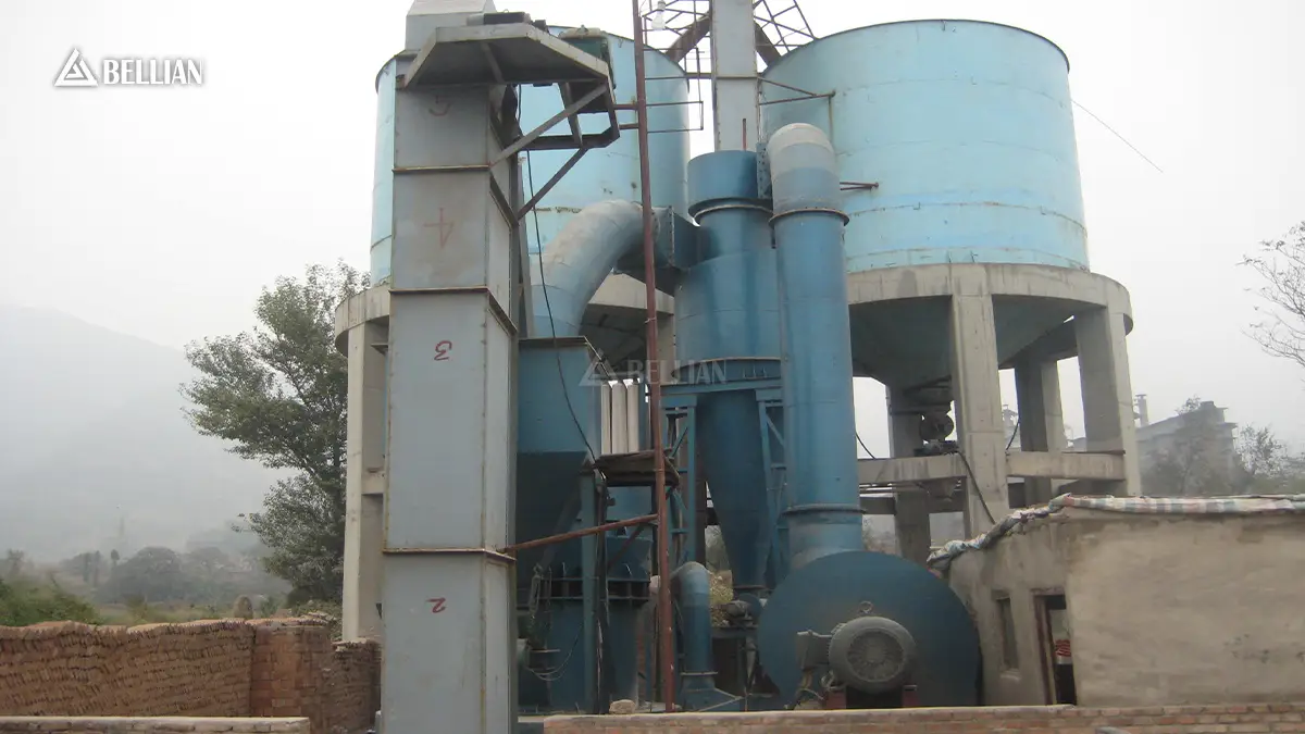 External overall layout of complete talc grinding line including elevator, cyclone separators and induced draft fan in Nigeria