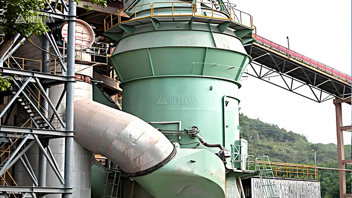Partial shot of vertical roller mill maintenance access door and hydraulic assembly on Vietnam slag plant site