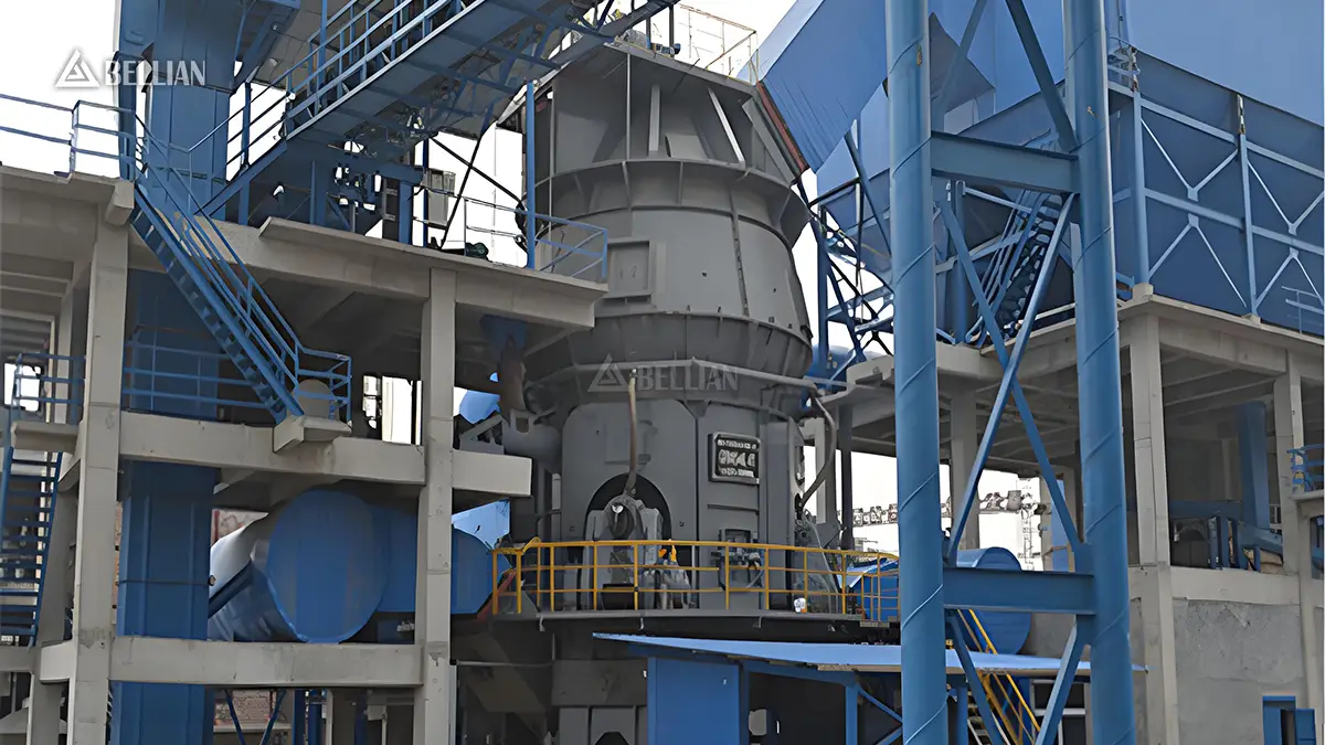 Panoramic external layout of full vertical roller mill station including steel frame, dust removal equipment and finished silos in Saudi Arabia