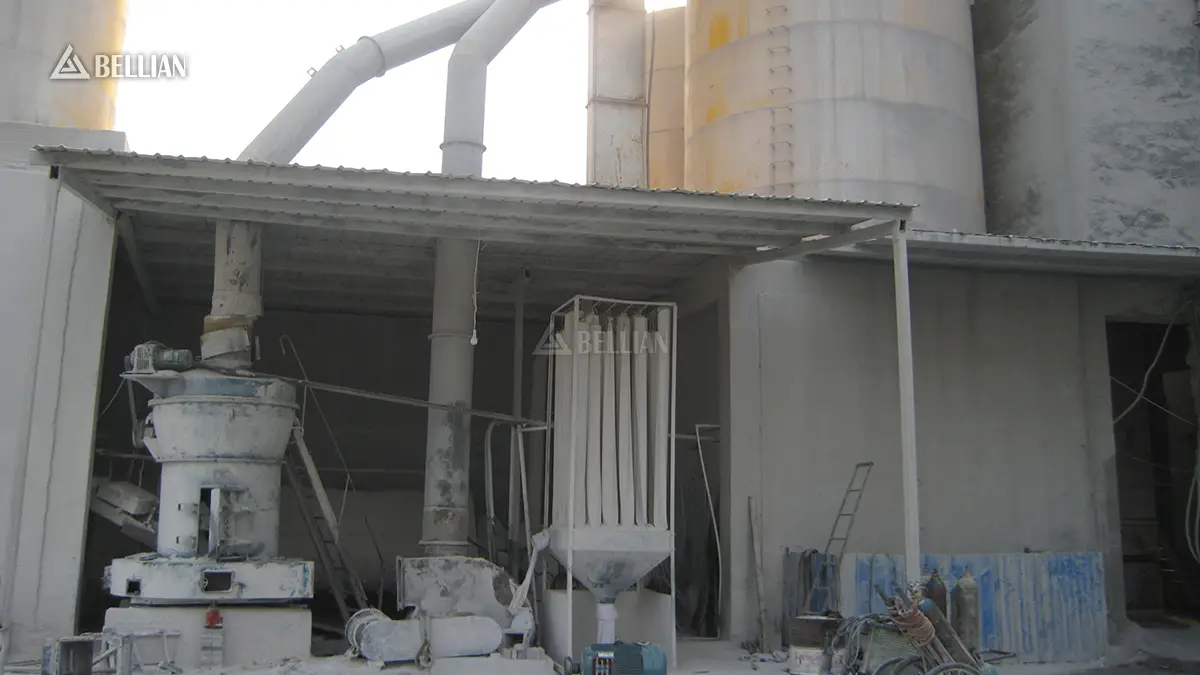 Full side view of 6R4525 talc grinding complete production line with supporting silos in Nigeria mineral plant
